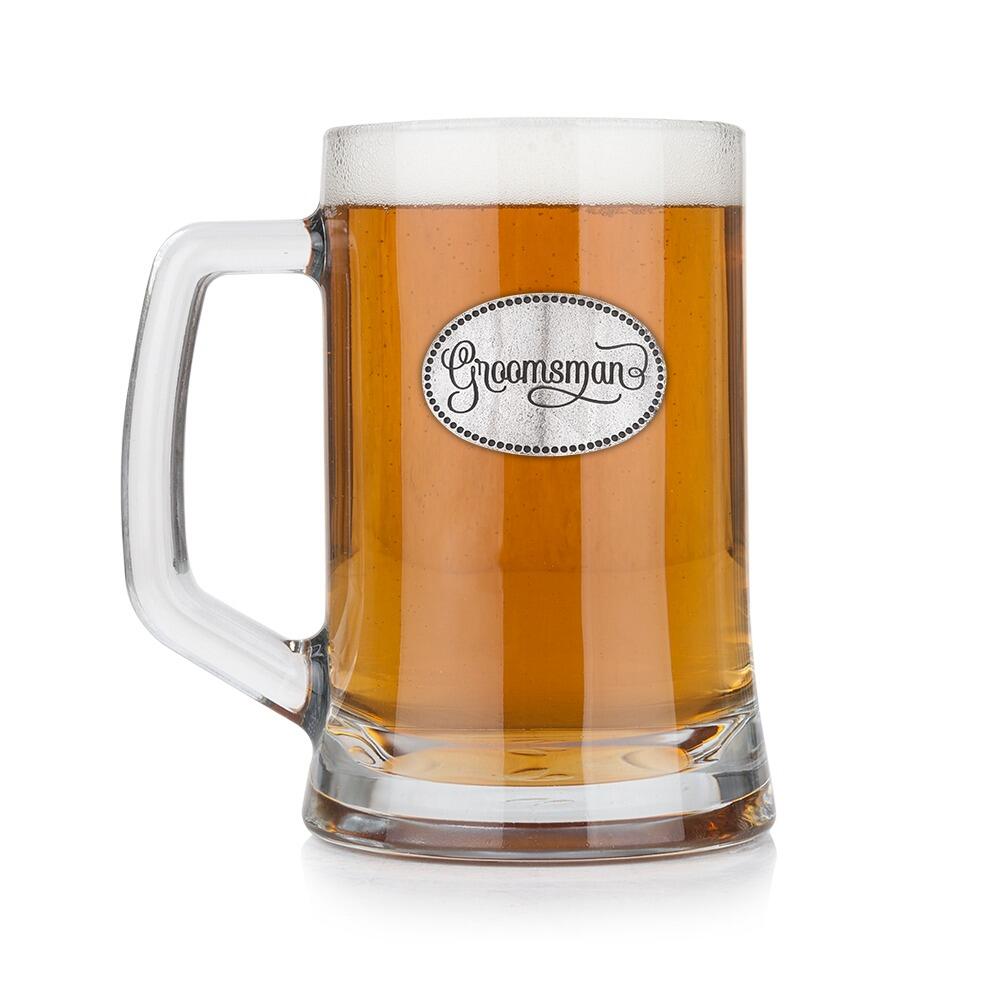 A Beer Tankard with a Pewter Groomsman badge on the front, filled with Amber BeerRetryClaude can make mistakes. Please double-check responses.