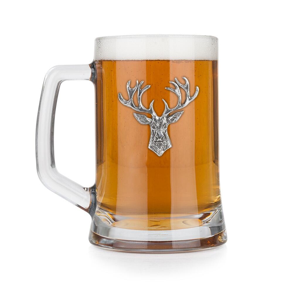 A Beer Tankard with a Pewter Stag badge on the front, filled with Amber BeerRetryClaude can make mistakes. Please double-check responses.