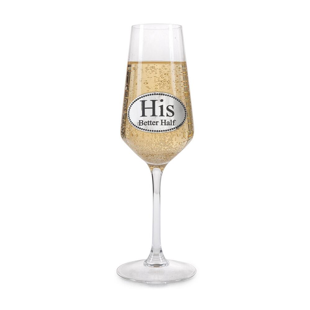 A Champagne Flute with a Pewter His Better Half badge on the front, filled with Champagne