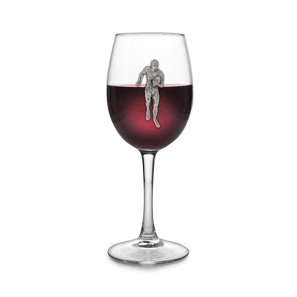 Wine glass with handmade pewter rugby badge filled with red wine