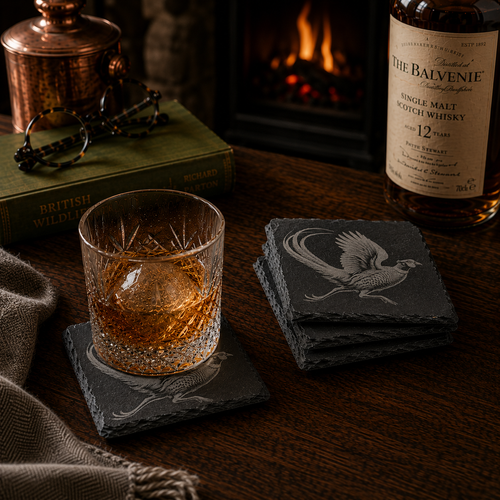 Slate coasters on a table with a Pheasant design on them, on the table is a bottle of whisky and a glass