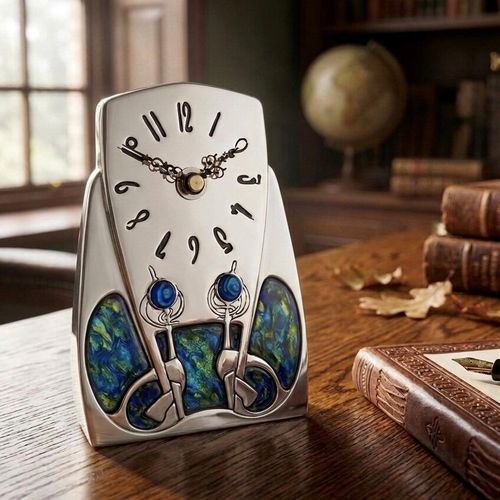 An Arts and Crafts style pewter mantel clock designed by Archibald Knox, featuring a tapered, shield-like silhouette with a gentle arch at the top. The off-white clock face is integrated into the smooth metal, displaying stylized black numerals and ornate hands, while the base is decorated with two bright blue cabochon gems on delicate stems over vibrant blue and green enamelled inserts.