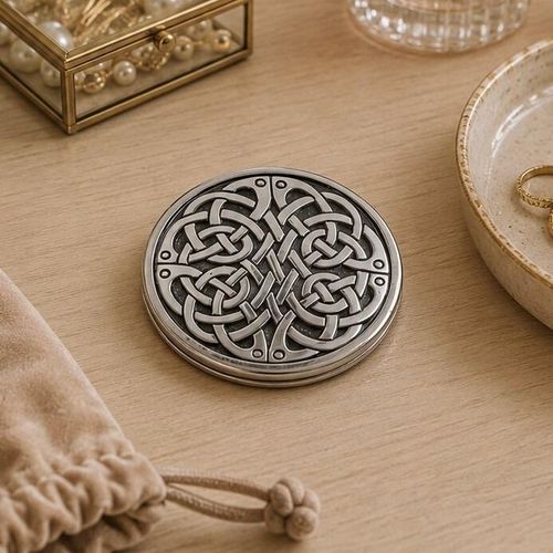 Round pewter compact purse mirror featuring an intricate, continuously interlaced Celtic knotwork design covering the lid