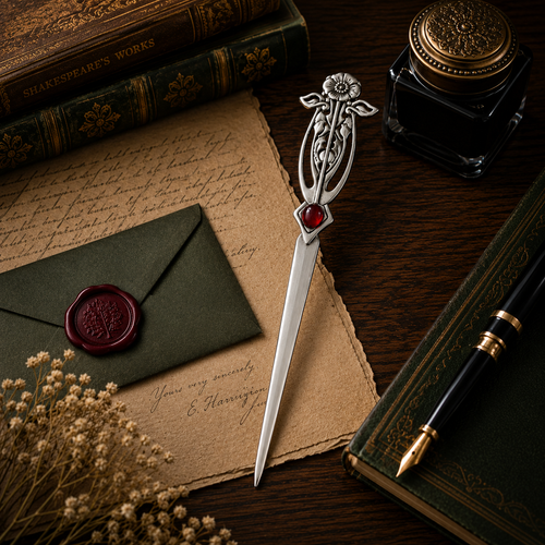 Handcrafted pewter Art Nouveau letter opener featuring an elegant floral design and red gemstone detail, displayed with antique writing accessories on a traditional desk.