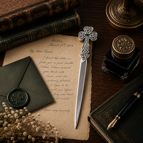Handcrafted pewter shamrock letter opener with Celtic knotwork detailing and green gemstone centre, displayed on a vintage writing desk with antique correspondence, wax-sealed envelopes and traditional stationery.