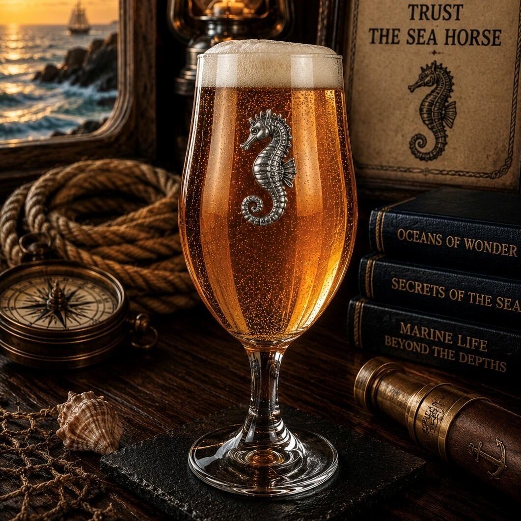 A stemmed beer chalice glass filled with golden ale and a frothy white head, featuring a raised pewter emblem of a detailed seahorse