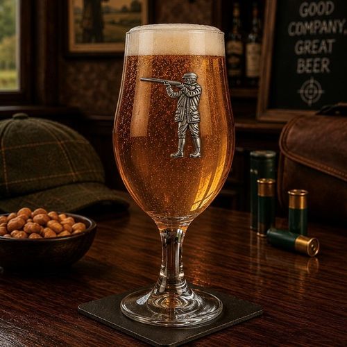 A stemmed beer chalice glass filled with golden ale and a frothy white head, featuring a raised pewter emblem of a shooter aiming a shotgun