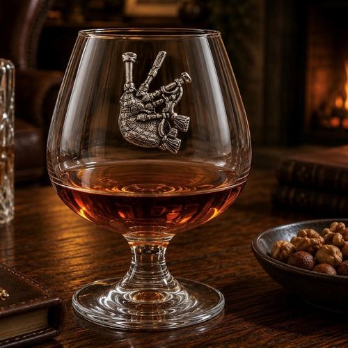 A short-stemmed clear glass brandy snifter filled with amber brandy, resting on a rustic wooden table. The front of the glass bowl is adorned with a detailed pewter relief emblem showing traditional Scottish bagpipes with a cross-hatched, textured bag and detailed drones