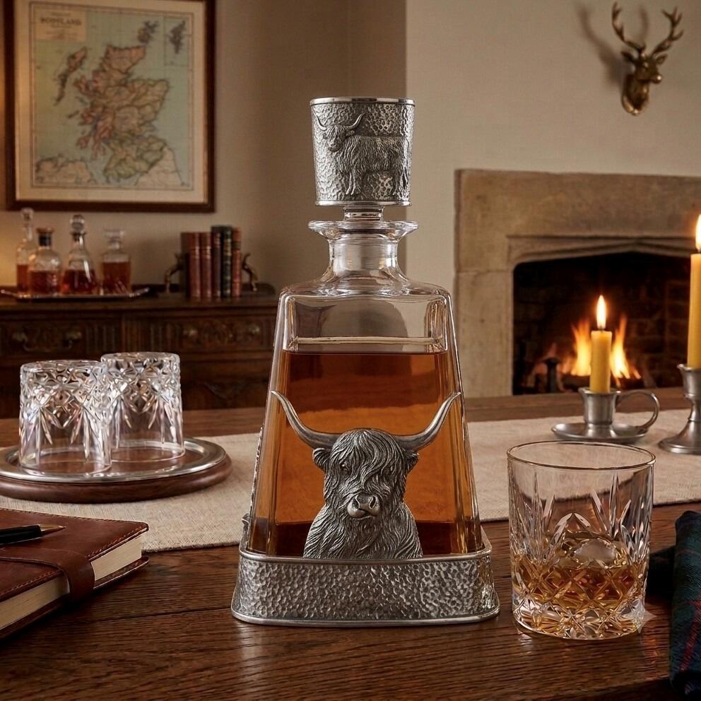 A clear glass spirits decanter filled with amber liquid, sitting in a hammered-effect pewter base adorned with a large, detailed relief of a shaggy Highland cow's head with long horns. The decanter is topped with a glass stopper encased in a matching textured pewter sleeve featuring an embossed full-body Highland cow.