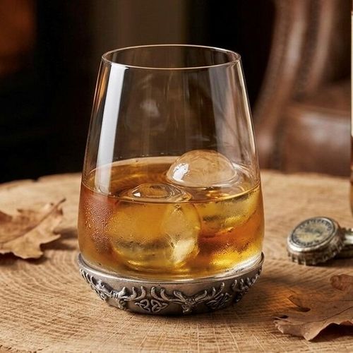 A curved glass whiskey tumbler filled with golden scotch and two rounded ice pieces, featuring a heavy pewter base intricately detailed with an embossed stag head, sprawling antlers, and Celtic knotwork