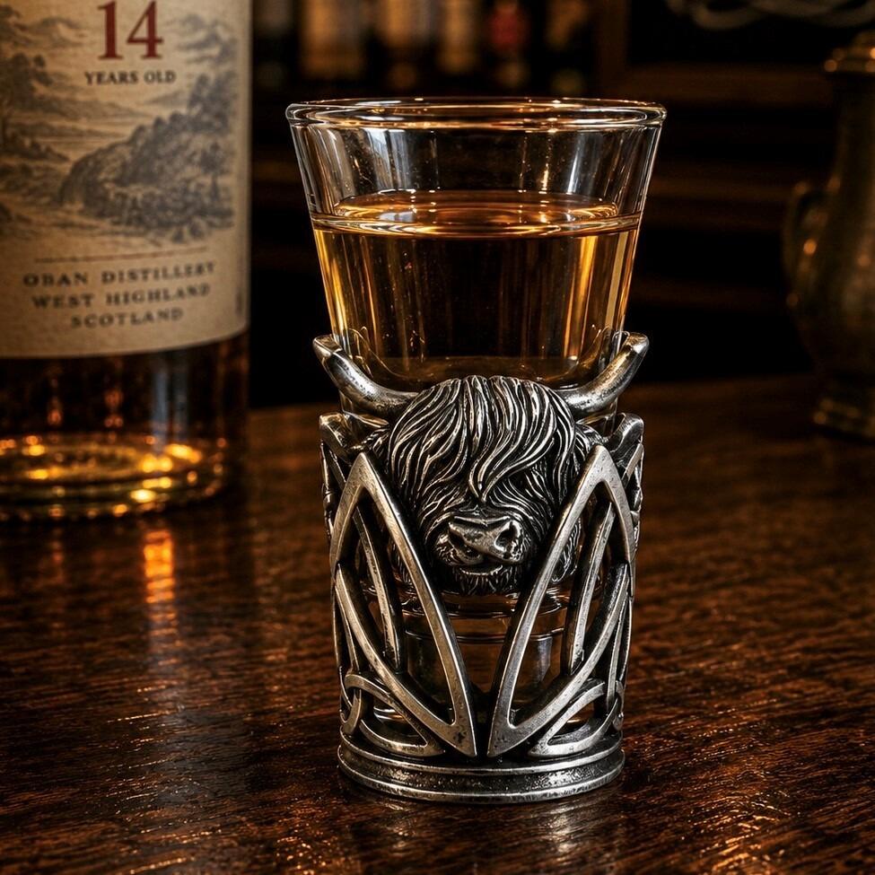 A tall glass shot glass filled with amber-colored liquor, sitting on a dark wooden bar counter. The lower half of the glass is encased in an intricate pewter metal holder featuring an openwork Celtic knot design. A highly detailed, relief-sculpted head of a shaggy Highland cow with curved horns is prominently centred on the front of the metal holder