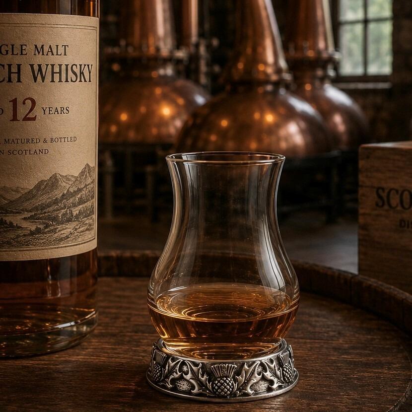 A tulip-shaped glass whisky tasting glass, containing a small pour of amber whisky and sitting on a rustic wooden barrel top. The circular base of the glass is nestled into a decorative pewter metal stand featuring a detailed relief-sculpted pattern of traditional Scottish thistle flowers and prickly leaves