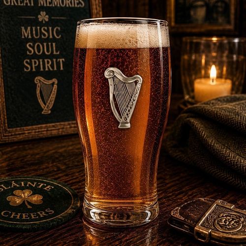 Pint glass with handmade pewter harp badge, filled with golden beer