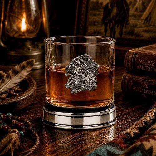 Whisky tumbler with pewter Native American and wolf emblem and polished base, partially filled with amber liquid