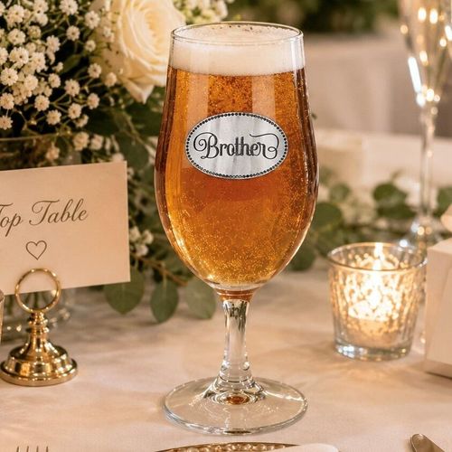 A Stemmed Pint Beer Glass with a Pewter Brother badge on the front, filled with Beer