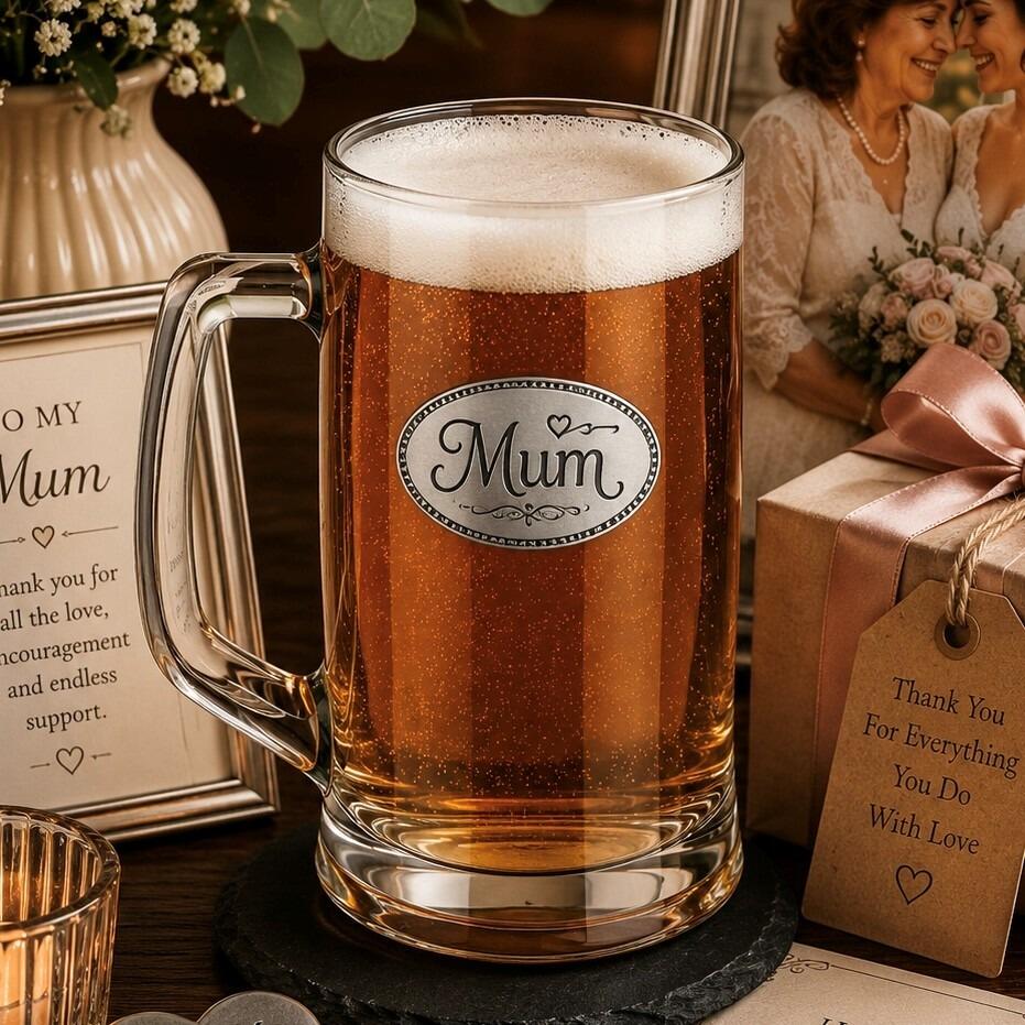 A Beer Tankard with a Pewter Mum badge on the front, filled with Amber Beer