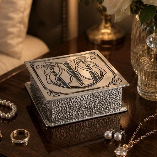 An image titled SQUARE MULTI ENAMEL ARCHIBALD KNOX BOX.jpg showing a square, silver-toned pewter box designed by Archibald Knox. The box features heavily hammered textured sides and a smooth hinged lid adorned with an intricate, stylized Art Nouveau monogram or Celtic knotwork engraving. The engraved design is subtly inlaid with small segments of blue and green enamel