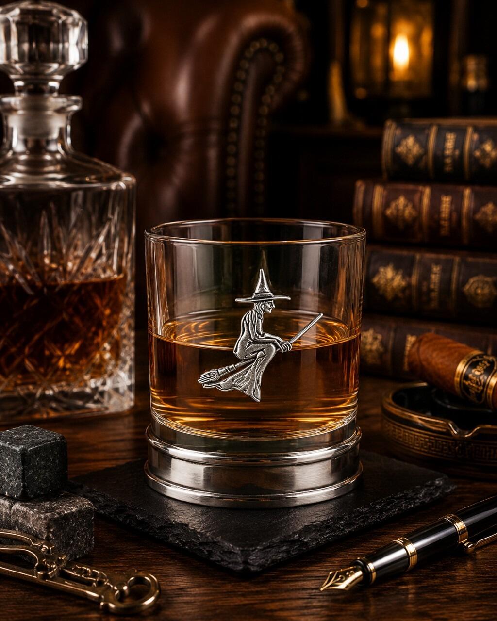 A Whisky Tumbler with a Pewter Witch badge on the front