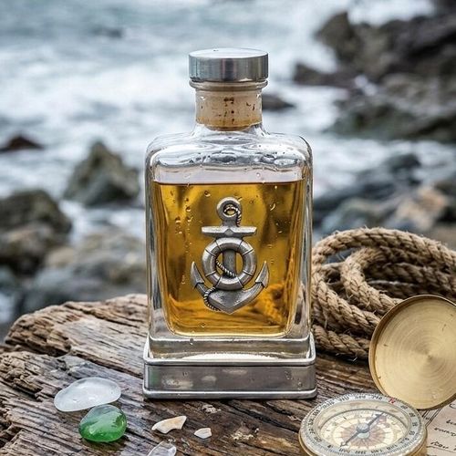 Handcrafted glass hip flask with pewter base featuring detailed anchor emblem on front
