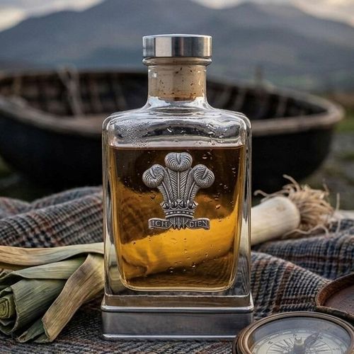 A glass flask with a pewter base and a handcrafted pewter Welsh Feathers emblem on the front