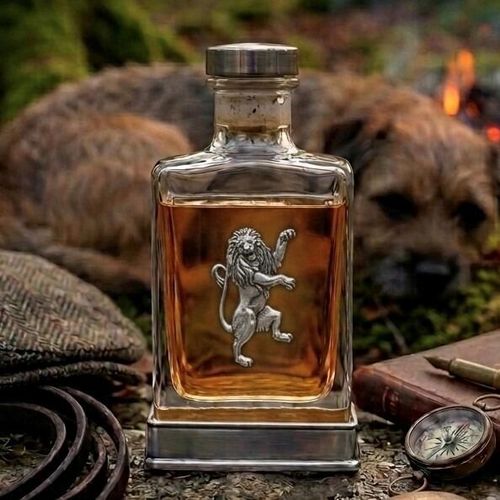 A glass flask with a pewter base and a handcrafted pewter rampant lion emblem on the front