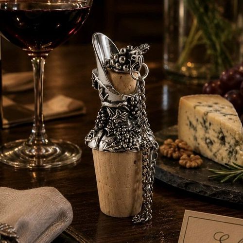Pewter wine pourer and cork stopper featuring relief engravings of grape bunches and vines, displayed on a wooden table beside a glass of red wine, blue cheese, and walnuts