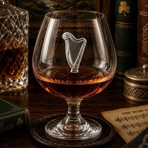 Crystal brandy glass with pewter Irish Harp emblem, partially filled with amber liquid