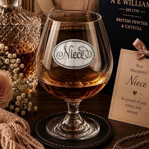 Elegant crystal brandy glass with pewter "Niece" badge, partially filled with amber liquid