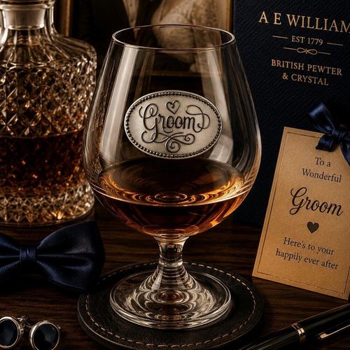 Crystal brandy glass with pewter "Groom" emblem, partially filled with amber liquid