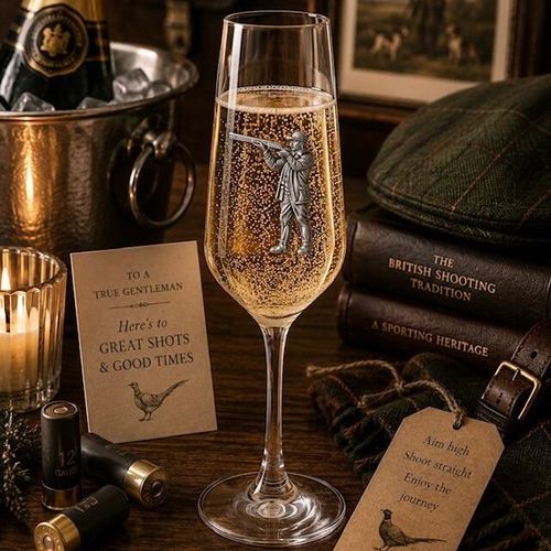 A Champagne Flute with a Pewter Shooting Man badge on the front, filled with Champagne