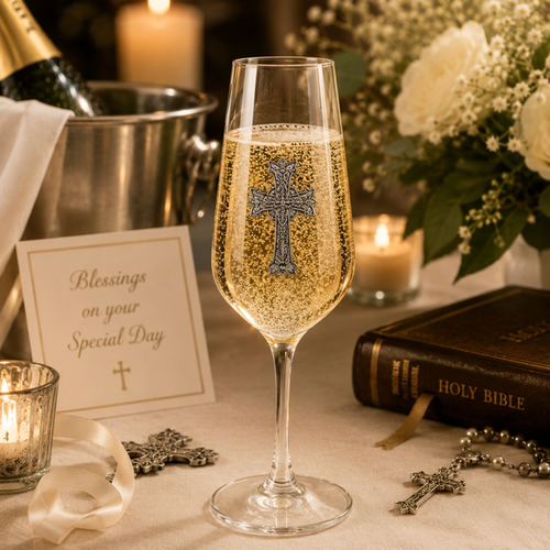A Champagne Flute with a Pewter Cross badge on the front, filled with Champagne