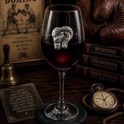 Wine glass with handmade pewter boxing gloves badge filled with red wine