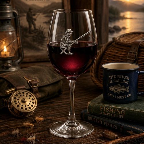 Wine glass with handmade pewter fishing man badge filled with red wine