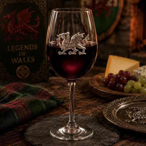 Wine glass with handmade pewter Welsh dragon badge filled with red wine