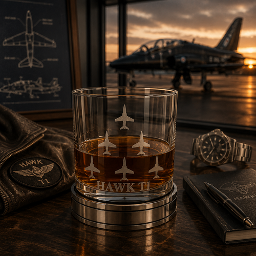 Hawk T1 Pewter Whisky Tumbler half filled with whisky inside a hanger. A black hawk T1 sits in the background