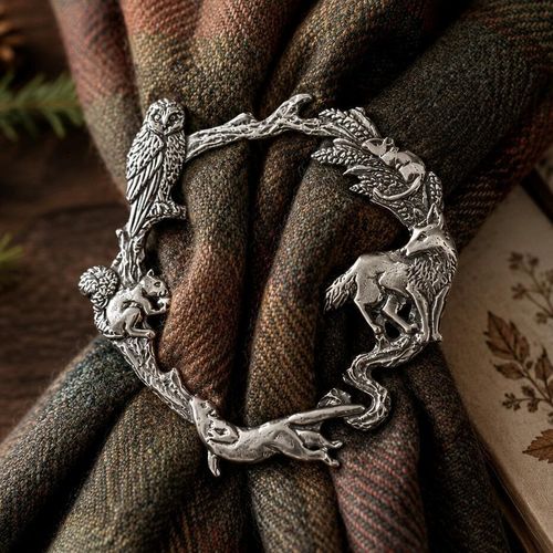 Circular pewter scarf ring featuring detailed British woodland wildlife motifs including an owl, squirrel, fox, and otter, cinching a patterned plaid scarf