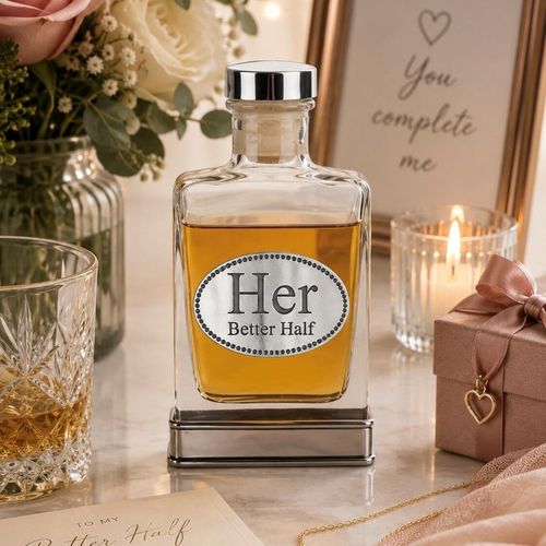 Handcrafted glass hip flask with pewter base featuring detailed her better half emblem on front