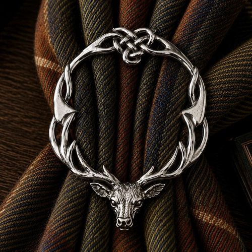Pewter scarf ring featuring a detailed stag head with antlers that curve into a Celtic knotwork top, cinching an olive green and brown plaid scarf