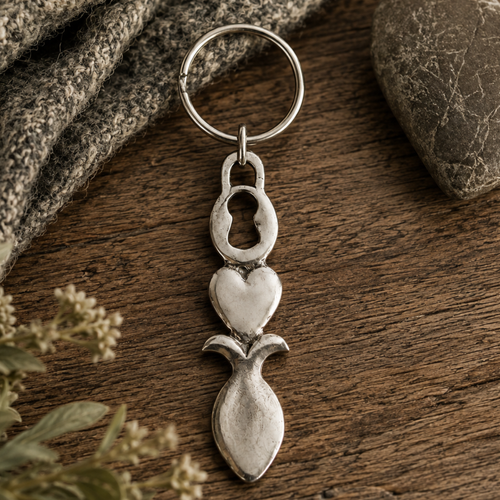 Handcrafted pewter Welsh lovespoon keyring featuring a keyhole cut-out and a smooth heart motif above a spoon bowl, resting on a rustic wooden background next to grey knit fabric and a smooth stone.