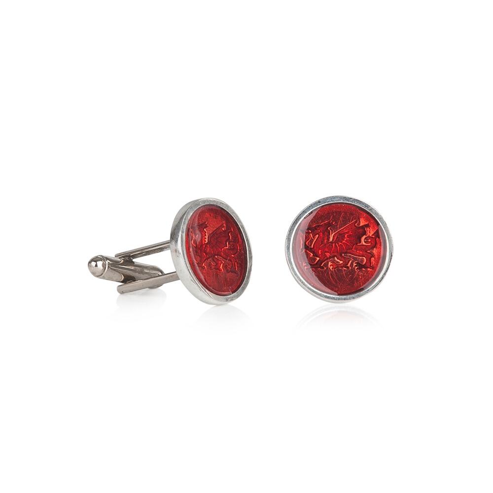 Pewter cufflinks with hand-enamelled red Welsh dragon design