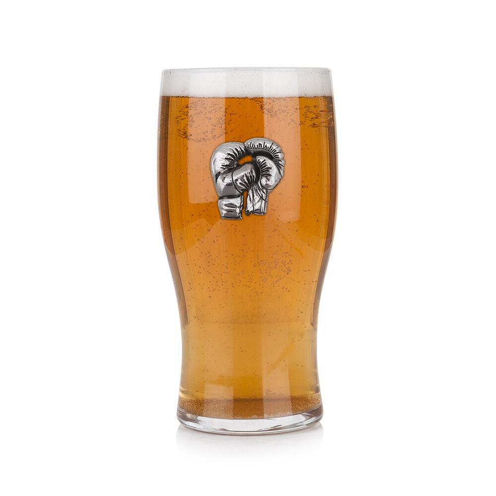 Pint glass with handmade pewter boxing badge featuring boxing gloves and fighter stance filled with golden beerRetryClaude can make mistakes. Please double-check responses.