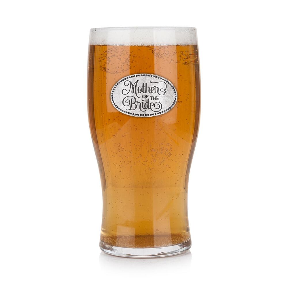 Pint glass with handmade pewter mother of the bride in elegant formal attire badge filled with golden beerRetryClaude can make mistakes. Please double-check responses.