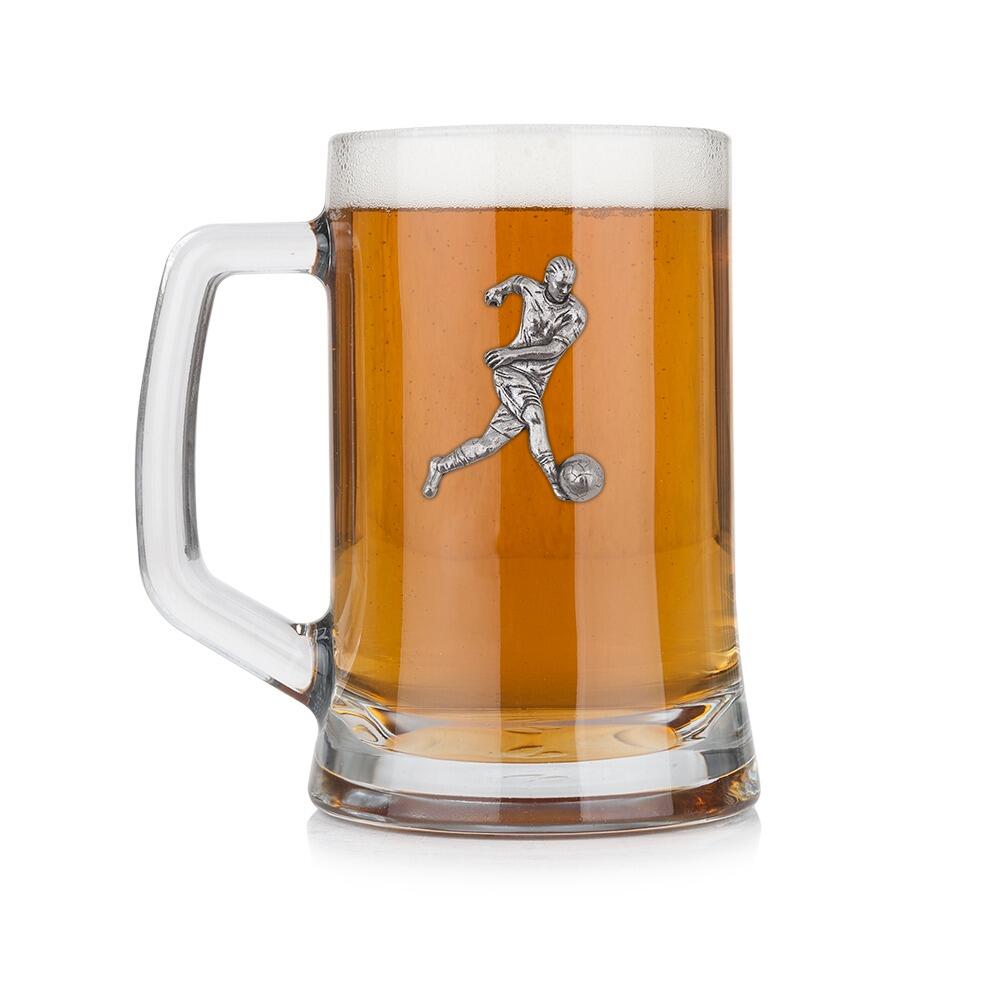 A Beer Tankard with a Pewter Football badge on the front, filled with Amber BeerRetryClaude can make mistakes. Please double-check responses.