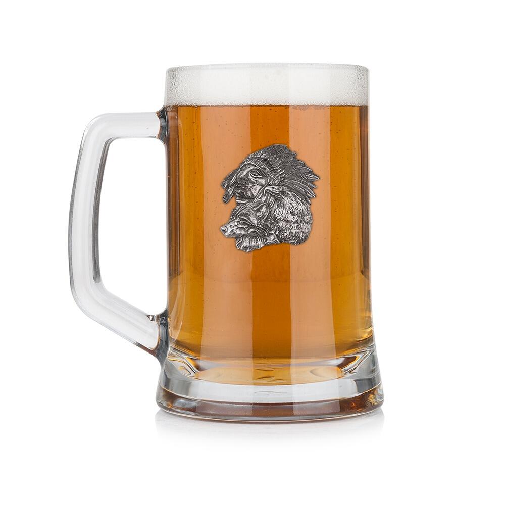 A Beer Tankard with a Pewter Native badge on the front, filled with Amber BeerRetryClaude can make mistakes. Please double-check responses.