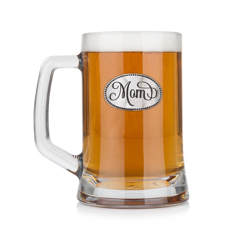 A Beer Tankard with a Pewter Mom badge on the front, filled with Amber BeerRetryClaude can make mistakes. Please double-check responses.