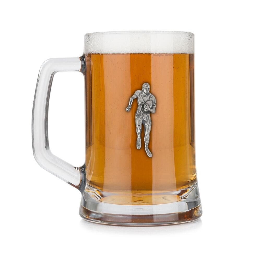 A Beer Tankard with a Pewter Rugby badge on the front, filled with Amber BeerRetryClaude can make mistakes. Please double-check responses.