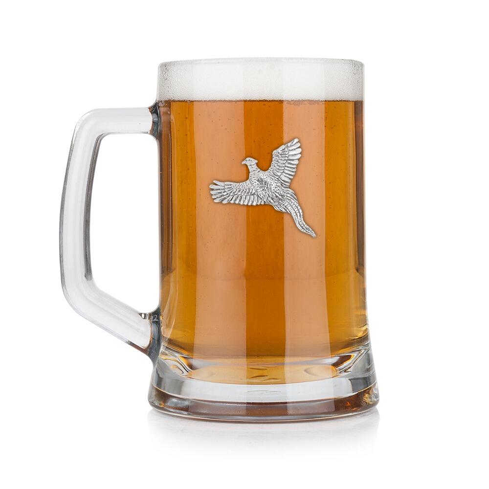 A Beer Tankard with a Pewter Pheasant badge on the front, filled with Amber BeerRetryClaude can make mistakes. Please double-check responses.