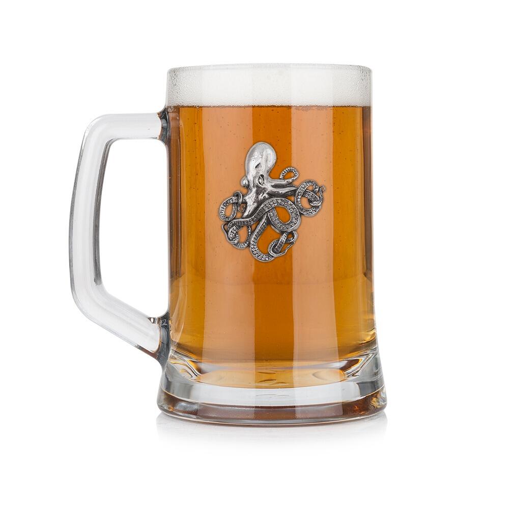A Beer Tankard with a Pewter Octopus badge on the front, filled with Amber BeerRetryClaude can make mistakes. Please double-check responses.