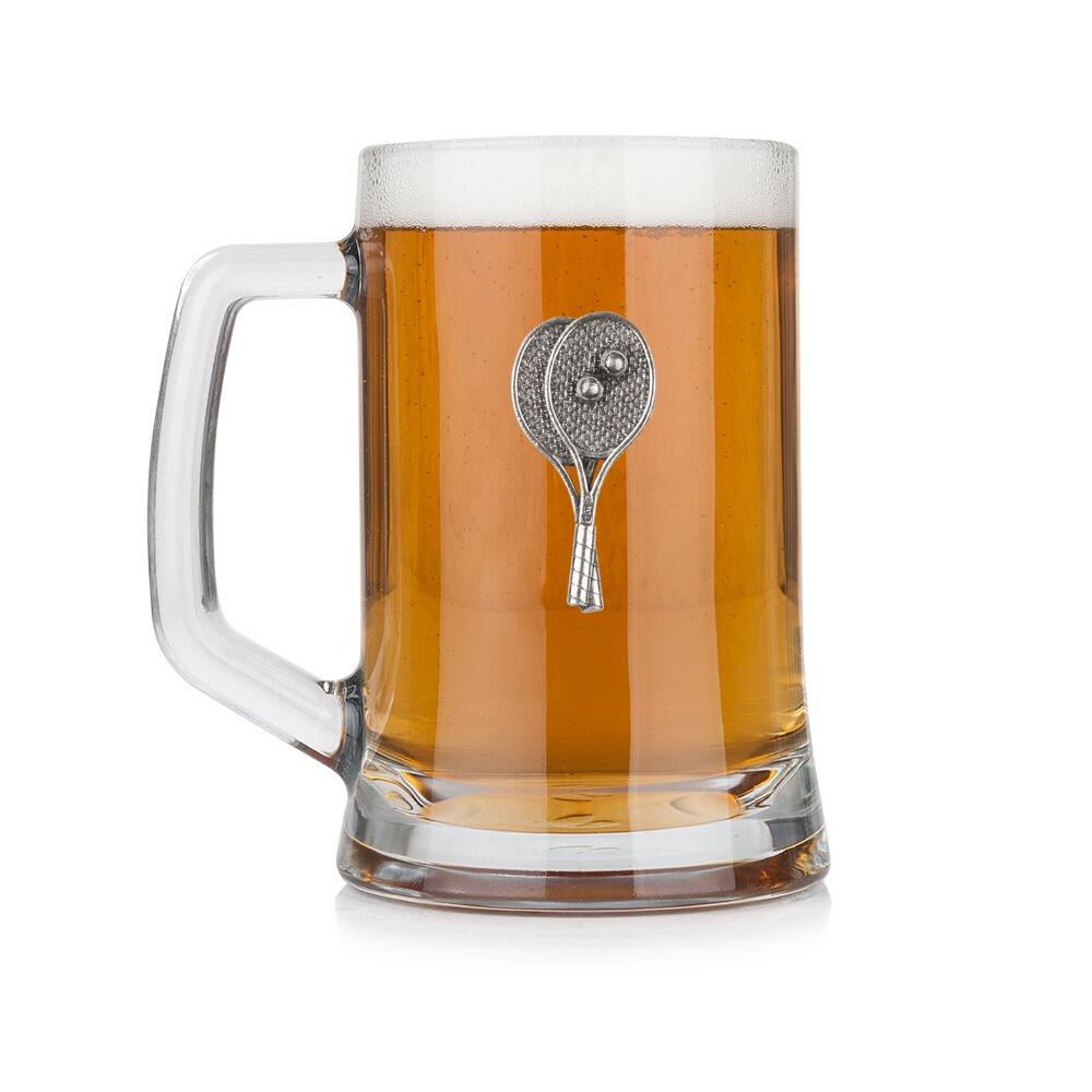 A Beer Tankard with a Pewter Tennis badge on the front, filled with Amber BeerRetryClaude can make mistakes. Please double-check responses.