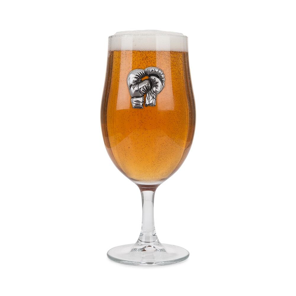 A Stemmed Pint Beer Glass with a Pewter Boxing Gloves badge on the front, filled with Beer